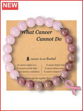 Natural Stone Bead Stretch Bracelet Pink Ribbon Charm Awareness Gift
